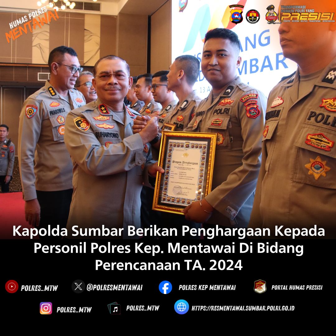 Kapolda Sumbar Berikan Penghargaan Kepada Personil Polres Kep. Mentawai Di Bidang Perencanaan TA. 2024